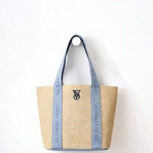 Victorias Secret Straw Tote Bag With Blue Denim Straps & Embroidered Logo